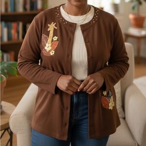 VINTAGE Breckenridge Brown Cardigan With Zebras and Giraffes